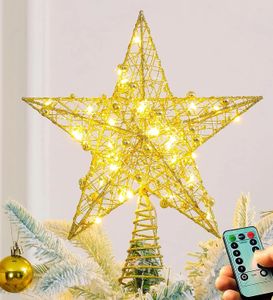 Andra evenemangsfestleveranser Iron Glitter Powder Christmas Tree Ornaments Toppstjärnor med LED -ljuslampa Dekorationer för Home Xmas Trees 231202