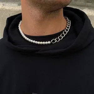 Choker Trendy Imitation Pearl Necklace Men Hip Hop Simple Handmade Pärlkedja Rostfritt stål Mäns estetiska smycken gåva