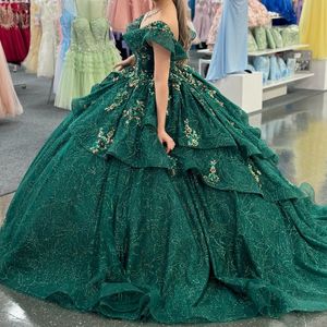 Verde esmeralda brilhante vestido de baile quinceanera vestido espartilho renda apliques miçangas lantejoulas doce 16 vestido vestidos de xv 15 anos