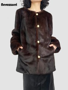 Women's Fur Faux Nerazzurri Winter Brown Thick Warm Mink Coat Women Long Sleeve Single Breasted Elegant Luxury Chic Fluffy Jacket 2023 231202
