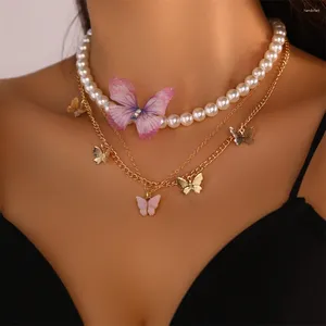 Chains Mult-layers Elegant White Pearl Beads Pink Butterfly Necklace For Women Girl Crystal Pendant Sexy Female Clavicle Gifts