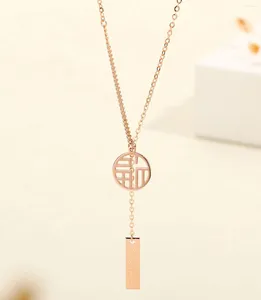 Correntes Real Pure 18k Rose Gold Chain Mulheres Lucky Fu Oblong Pingente O Curb Link Colar 2.8g