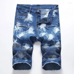 Jeans da uomo Jeans corti in denim a pieghe effetto consumato Pantaloncini hip-hop lavati strappati Tasche dritte con cerniera per motociclisti taglie forti