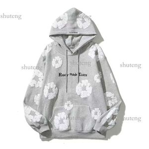 FALECTION MENS READYMADE TOARS HOUDIE Vintage denim Flower Puff Print Foam Kapok Distress Hoodie Sweatshirt Men Top Pullover 207