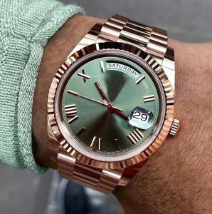 Luksusowe modne zegarek dzień Rose Gold Green Dial Rzym Numer twarz Duża randka Sapphire Siema szafirowana ze stali nierdzewnej Business Men Mechanical Watches 40 mm