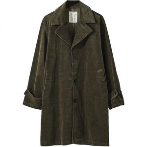 Giacche da uomo Trench Cappotto di velluto a coste verde Vestibilità ampia Giacca da uomo casual da lavoro di media lunghezza Abbigliamento autunno inverno 231202