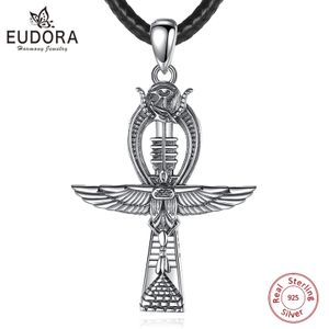 Pendanthalsband Eudora 925 Sterling Silver Ankh Cross Necklace For Women Man Eagle Scarab Eye of Horus Amulet Egyptian Jewelry Fine Gift 231202