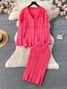 Two Piece Dress Singrainy casual knitted twopiece set elegant womens Vneck long sleeved cardigan elastic waist tight fitting sweater autumn and winter 231202