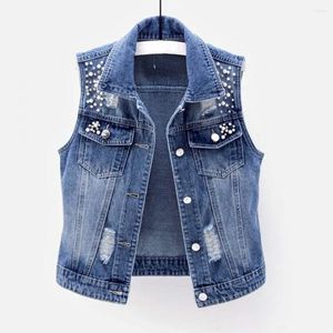 Women's Vests Pockets Women Vest Vintage Beaded Denim For Hop Streetwear Waistcoat With Solid Color Lapel Firm Stitching Fall