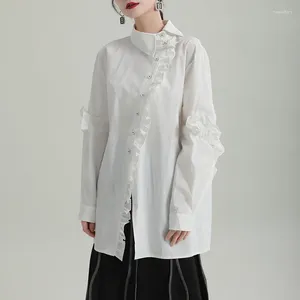 Blusas femininas melhoradas estilo chinês camisas femininas 2023 outono solto plissado de mangas compridas gola assimétrica midi branco lapela topos