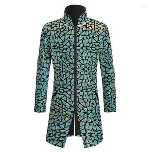 Ternos masculinos homens glitter verde lantejoulas longo blazer jaqueta gola zíper comprimento médio veludo casaco terno festa mostrar traje de baile