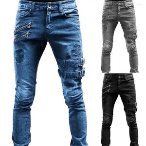 Men's Pants Men Jeans Pockets Slim Fit Zipper Decoration Solid Color Ripped Dress-up Mid Waist Denim Side Straps For Daily Wear