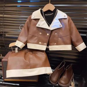 Clothing Sets Winter Fashion Girls Baby Spring Autumn Set PU Jacket Skirts Kid Birthday Children Fake Leather Clothes Suit 231202