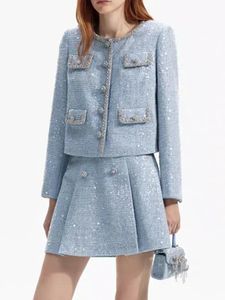 Two Piece Dress Women Tweed Beading Sequin Three Pieces Set O-neck Single Breasted Coat or Tank Dress or A-line Mini Skirt Blue Suit for Lady 231202