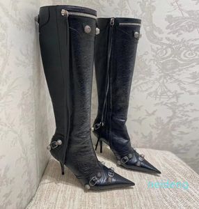 Cagole lambskin leather knee-high boots stud buckle embellished side zip shoes pointed Toe stiletto heel tall boot luxury designers shoe for women factory