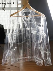 男性SジャケットMauroicardi春秋透明な細い光沢のあるフェイクレザージャケットメンズラグジュアリーデザイナーPVCシャツ滑走路ファッション2023 231202