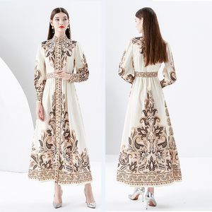 Vintage Stand Yakası Tatil Boho Maxi Elbise Kadın Tasarımcı Paisley Floral İnce Zarif Uygun Yüksek Bel Parti Elbiseleri Robe 2023 Bahar Sonbahar Pist Uzun Sleeve Frocks