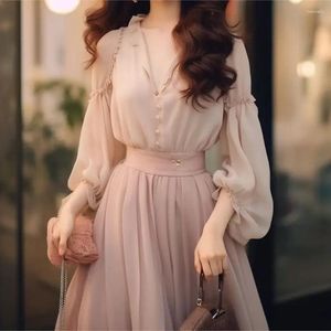 Vestidos de trabalho saia conjunto primavera outono feminino camisa rosa duas peças roupas elegante doce e high end moda senhora do escritório terno manga longa