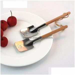 Spoons Stainless Steel Creative Shovel Spoon Tableware Cutlery Set With Wooden Handle Dessert Watermelon Valentine Gift Drop Deliver Dhvck
