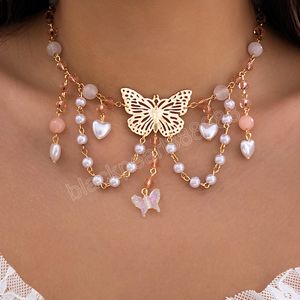 Y2K Butterfly Charm Acrylic Crystal Beads Tassel Necklace Imitation Pearl Choker For Women Neck Chain Jewelry Collar Gift