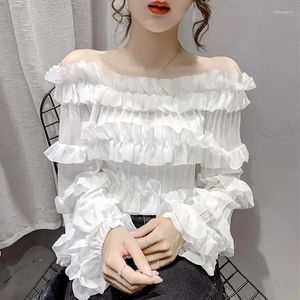 Kadın bluzları bahar yaz moda seksi kapalı omuz fırfır zarif şık tatlı bluz üst kadınlar siyah beyaz ince uzun kollu gömlekler