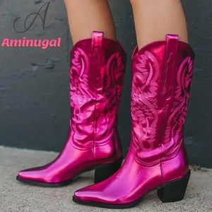 Stiefel für Dropship Cowboy Weiße Westernstiefel Marke Punk Cooles Cowgirl für Frauen Mittelkalbstiefel Stickerei Stiefel mit klobigem Absatz 231202