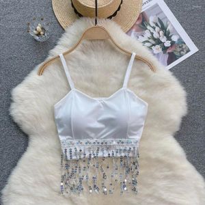 Kadın Tankları Tatlı Papalı Tassel Camis Vintage Saten Ekleme Katı Budiers Partisi V Boyun Kapalı Omuz Sırtsız Seksi Tank Tops