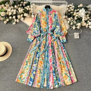 Casual Kleider 2024 Frühling Urlaub Blume Lose Kleid Frauen Stehen Langarm Einreiher Spitze Up Blumen Druck Chiffon Robe vestidos