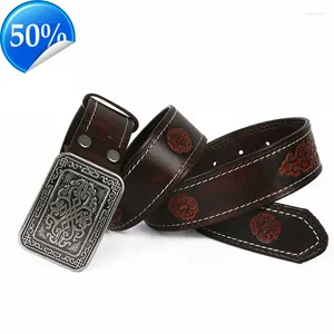 Belts Chinese Pattern Cowboy Smooth Buckle Belt GenuineMen's Ceinture Homme Yellow Male Wide Jeans Men Genuine Leather