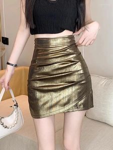 Röcke Top Qualität Gold Schwarz Folie Farbe Frauen Geraffte Bodycon Mini Rock Nachtclub Party Feiern Tragen 2024