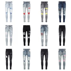 Mor kot amirs kot pantolon pup pups jeans tasarımcı erkek skinny jeans lüks tasarımcı kot pantolon sıkıntılı yırtık bisikletçi siyah mavi jean slim fit motosiklet boyutu 28-40