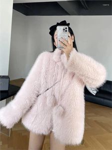 Women's Fur Pink Sweet Korean Elegant Faux Coats 2023 Winter Women Thick Warm Cute Lady Fashion Long Sleeve Loose Overcoats