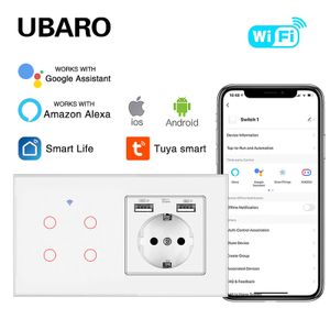 Switches Acessórios Ubaro UE Smart Home Wifi Touch Switch Painel de vidro Trabalho Google Alexa Voice Tuya Life Application Remote 4gang Button 231202