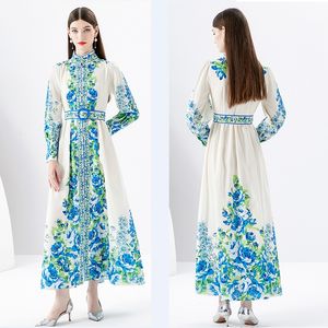 Vintage Floral Mock Neck Shirt Dress Robe Woman Designer Lantern Sleeve Slim Elegant Casual Vacation Boho Maxi Dresses 2023 Spring Fall Party Runway Fashion Frocks