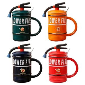 Water Bottles 480ml Fire Extinguisher Coffee Cup ceramic tea mug with lid spoon handle large capacity Firefighter beverages drinkware 231204