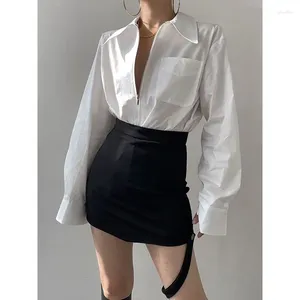 Blusas femininas mulher branca elegante velho dinheiro estilo mulheres moda zíper camisa de grandes dimensões manga longa topo feminino senhora do escritório coreano