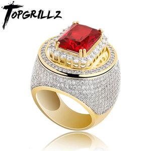 Bröllopsringar Topgrillz Hip-Hop Classic Gold Color Plated Cubic Zircon Big Red Stone Ring Personlighet Fashion Men Women Jewelry Lover Gift 231204