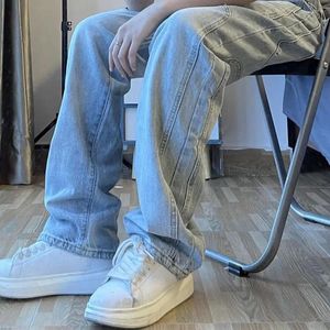 Jeans maschi maschi pantaloni comodi gamba larga con tessuto traspirante a più tasche per cintura a metà lunghezza con cerniera