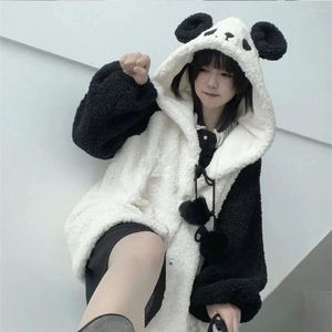 Women's Hoodies Winter Cute Women Panda Ears Hooded Sweatshirt Plush Balls Zip-up Loose Kawaii Sudadera Teenager School Girls JK Clothes