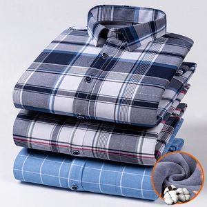 Mäns casual skjortor 7xl 6xl bomullens höstvinter för man mode randig rutig dubbelsidig fleece plus sammet tjock varm skjorta