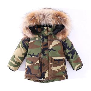 Пуховое пальто 30 градусов, детская зимняя одежда, камуфляжный толстый пуховик для маленьких мальчиков, теплое красное пальто для девочек 2–8 лет 231204
