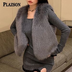 Womens Fur Faux Plazson Women Short Coat Vest Autumn Female Waistcoat Mini Warm White Black Grey Jacket 231202
