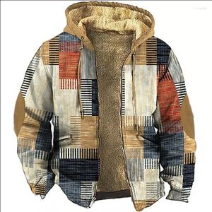 Men's Hoodies 2023 Winter Zip Up For Men Fleece Hood Jacket Clothing Rags Splice Print Sweatshirt Outerwear Streetwear Tracksuit Coat