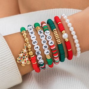 Christmas Stretch Bracelets Set Surfer Heishi Stackable Strands Clay Bead with Elastic String Letter Boho Beach Friendship Bracelets for Women Girls Xmas Gifts