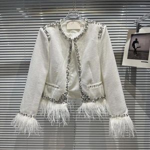 Jaquetas femininas elegante socialite avestruz pena casaco de lã feminino pesado strass branco curto tweed jaqueta outerwear 2023 outono inverno