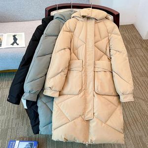 Kvinnors dike rockar kvinnor Autumn Winter Solid Color Huveed Big Pocket Warm Coat For Ladies Fashion Rhombic Gitter Loose Long Parka