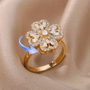 Anéis de casamento girando quatro trevo para mulheres de aço inoxidável antiestresse ansiedade anel ajustável jóias estéticas anillos mujer 231204