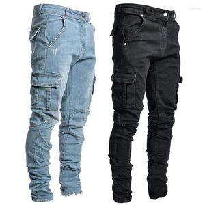 Men's Jeans Skinny JeansMen Black Cargo Pants Multi Pockets Denim Pantalones Blue Slim Fit Overol Hombre Fashion Casual Streetwear Trousers