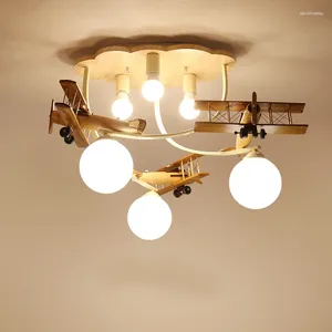 Chandeliers Wooden Plane Lamp Creative Airplane Chandelier Light For Nursery Room Children's Bedroom Ceiling Lights Boy Kids LED E27