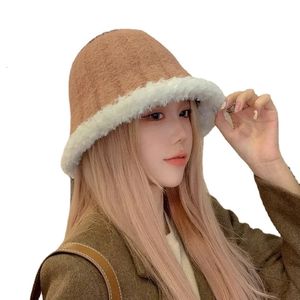 Ampla borda chapéus balde coreano mulheres lã pelúcia panamá inverno quente pescador chapéu feminino outono ao ar livre senhora casual bonés para 231204